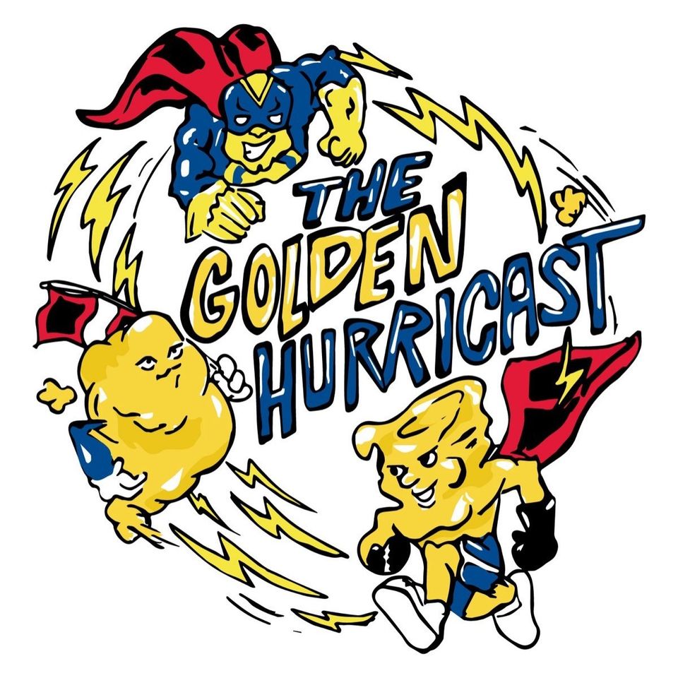 The Golden Hurricast logo: three superhero Golden Hurricane mascots circling the show’s name